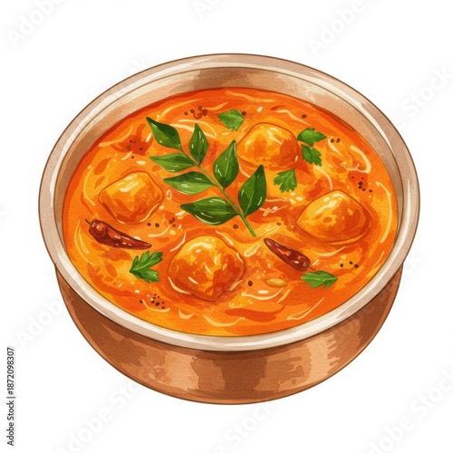 Top View Spicy Indian Curry in Ceramic Bowl with Vegetables and Herbs