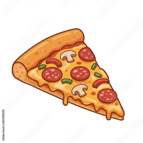 Isolated Pizza Slice with Pepperoni Mushroom and Melted Cheese on White Background