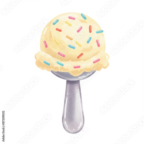 Vanilla Ice Cream Scoop with Sprinkles on Silver Spoon on White Background