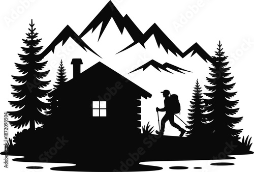 Mountain Cabin Hiker Adventure Silhouette