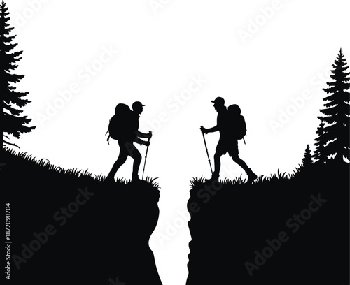 Hikers Approaching a Ravine in the Forest