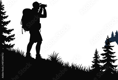 Hiker Observing Landscape with Binoculars Silhouette