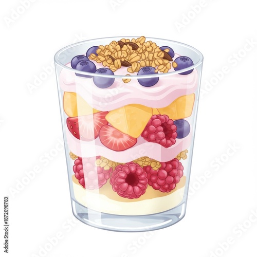 Colorful Layered Fruit Parfait with Granola and Yogurt in a Clear Glass