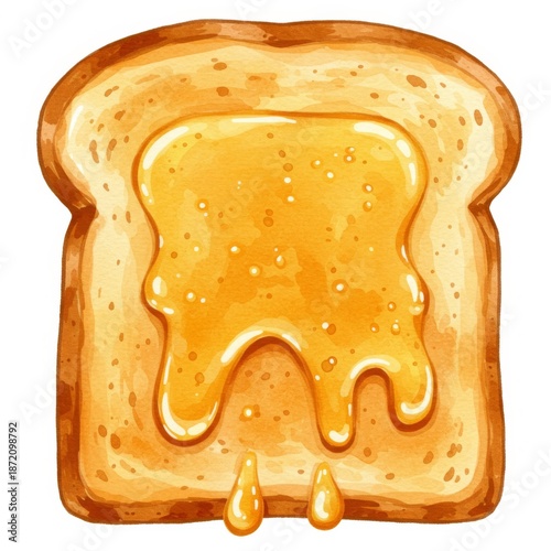 Watercolor Illustration of Honey Dripping over Golden Brown Toast on White