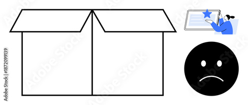 Shipping logistics, packaging, digital submissions, customer feedback, facial expressions, emotions. Open cardboard box, person interacting with a screen sad face symbol. Packaging and customer