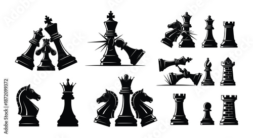 A collection of black chess pieces arranged in a dynamic artistic display
