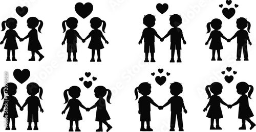 Valentine Love Couple Black Silhouette Silhouettes of children holding hands with hearts above them on white background