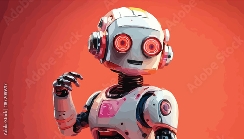 Friendly Robot with Glowing Eyes on Red Background.
