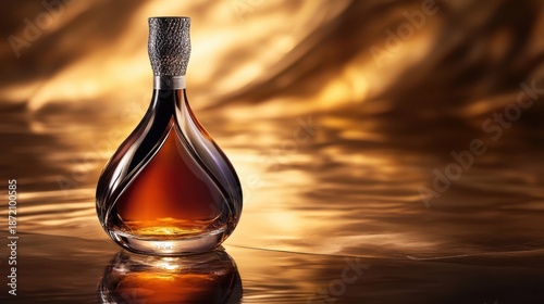 Bold artistic cognac bottle design with tilted perspective on golden background