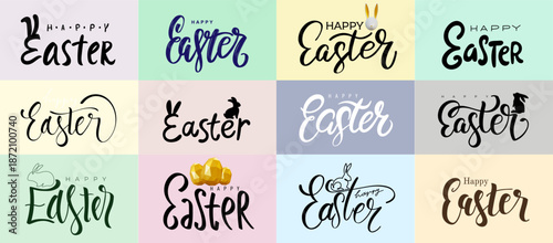 Happy Easter handwritten lettering isolated on a colorful. Hand drawn calligraphy style typography. Festive vector for greeting cards, posters, invitations, banners, social media, holiday design.