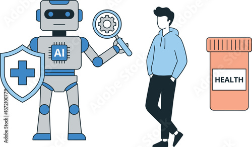 Artificial intelligence healthcare concept illustration, medical AI robot analyzing patient, digital health technology, smart diagnosis, future medicine innovation vector