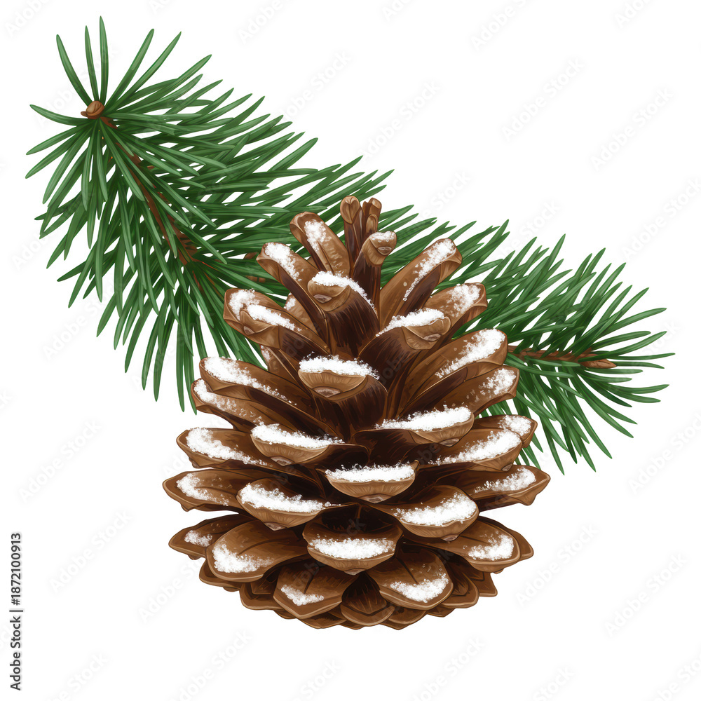 Fototapeta premium A detailed brown pine cone, dusted with sparkling white snow, vibrant green pine needles, isolated on a transparent background, elegant winter botanical illustration concept