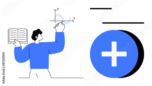 Education concept. Education with a person holding a book and drawing a graph, plus a prominent plus symbol. Education promotes knowledge growth, learning, and teaching. For e-learning, tutoring