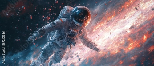 Cosmic traveler's suit disintegrating in deep space amidst fiery debris