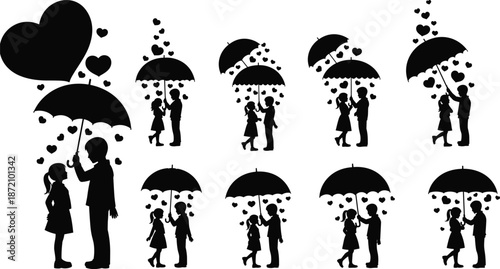 Valentine Love Couple Black Silhouette Silhouettes of couples sharing umbrellas with falling heart shapes in black and white