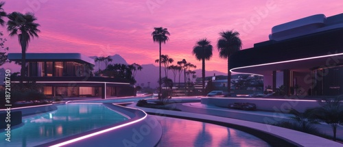 Futuristic gated community at sunset with automated driveway for modern living