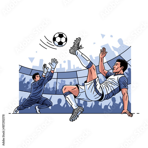 Dynamic Soccer Match Moment Player Attempts Bicycle Kick Against Goalie