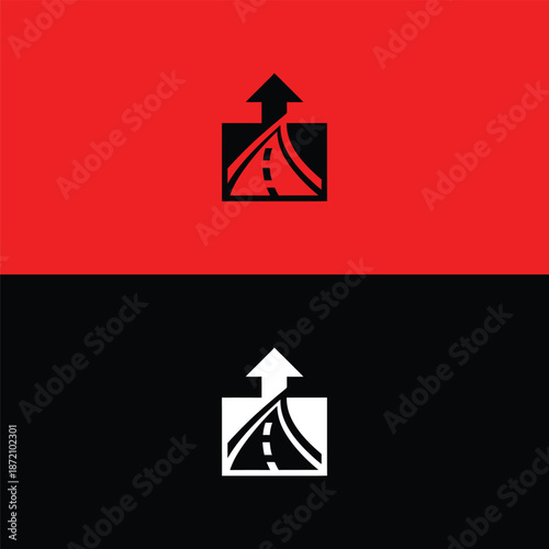 Graphic Illustration of a Road Leading Upwards to an Arrow within a Square, Split into Red and Black Halves