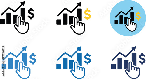Business growth icon set, financial analytics charts, revenue increase symbols, profit tracking, marketing performance dashboard, investment success concept, illustration collection