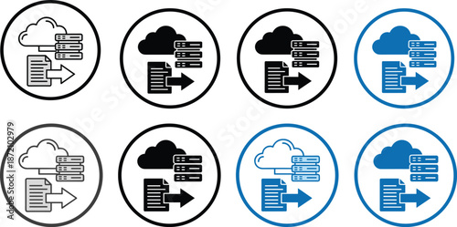 Cloud data transfer icon set illustration, file upload download symbols, server storage technology, cloud computing concept, vector graphic design