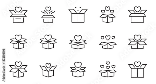 Open gift box with flying hearts, icon set, symbol of love and surprise, line art