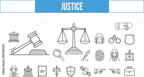 Justice icon set law court and legal symbols