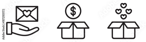Donation and charity icons with hand holding envelope, coin in box, and hearts flowing out