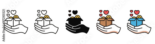Donation box and hand icon collection in different styles for charity campaign and volunteer design