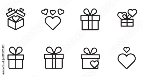 Outline icons set representing gift boxes and various heart shapes for valentine holiday love
