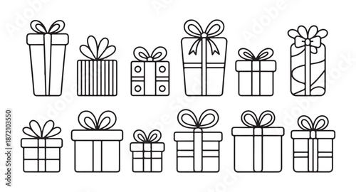 Set of various gift boxes with different shapes sizes and ribbon decorations for giving