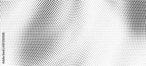 Halftone radial dotted background. Square dots comic gradient texture. Concentric fading gradation wallpaper. Black white rough grit overlay. Grunge gritty circular pop art cartoon backdrop. Vector