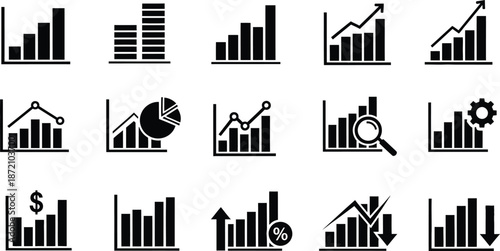 Collection of black and white business graph and chart icons