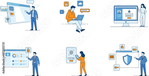 Cybersecurity authentication illustration set, secure login interfaces, password management, biometric verification, data protection, access control, modern web application design concept
