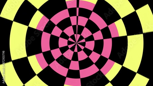 Abstract geometric circle tunnel transition, hypnotic pink and yellow checkerboard loop background.