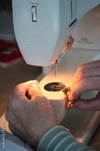 Close-up of female hands of a seamstress sewing fabric on a modern sewing machine. Business, hobby, handmade, craft, repair  and small business concept.