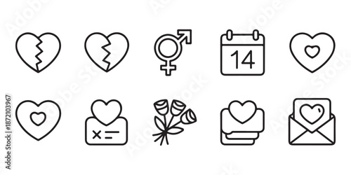 Simple outline icons set representing valentine day romance love relationships and heartbreak line style symbols.