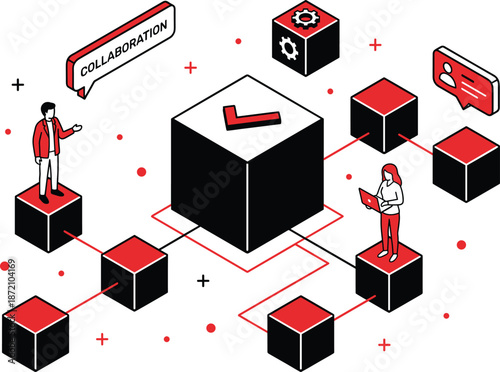 Collaborative software development illustration, team collaboration workflow, modular system architecture, DevOps automation, distributed technology network, modern business process concept, vector