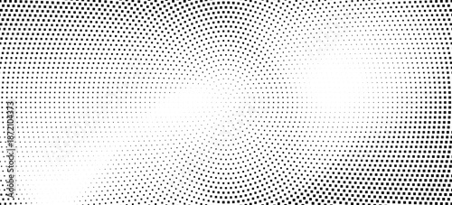 Halftone radial dotted background. Square dots comic gradient texture. Concentric fading gradation wallpaper. Black white rough grit overlay. Grunge gritty circular pop art cartoon backdrop. Vector