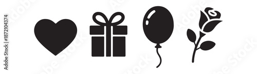 Valentine's day love heart gift balloon and rose flower black silhouette icons set
