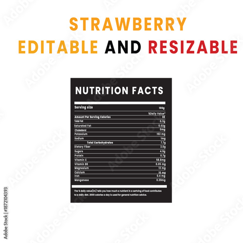 Nutrition facts label for strawberry product details displayed on a white background