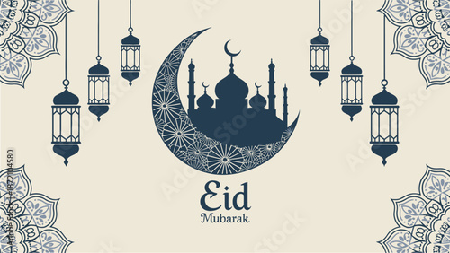 Eid mubarak greeting card with crescent moon lanterns and mosque silhouette background design Vector illustration
