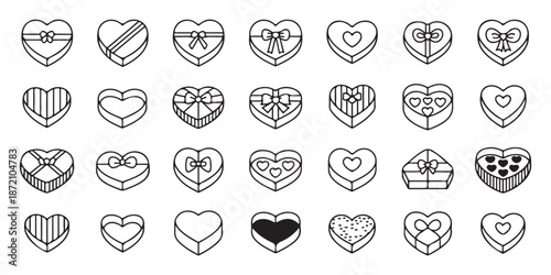 Heart shaped box outline icons with assorted ribbon styles candy arrangements and interior detailing