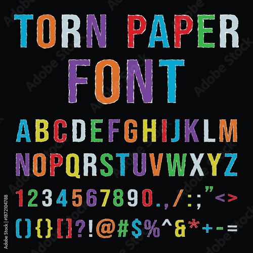 Creative multicolored vector font with torn paper edges. Includes full uppercase alphabet, numbers, and symbols. Perfect for vibrant headings, posters, and modern graphic projects. Colorful Torn Paper