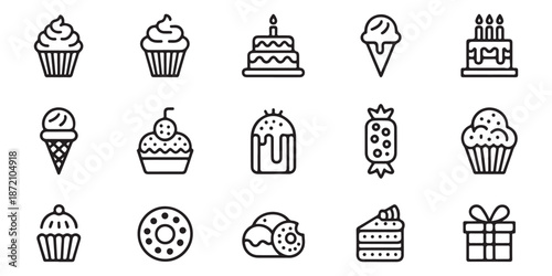 Bakery and sweet treats line icons set cupcake cake donut ice cream candy vector illustration