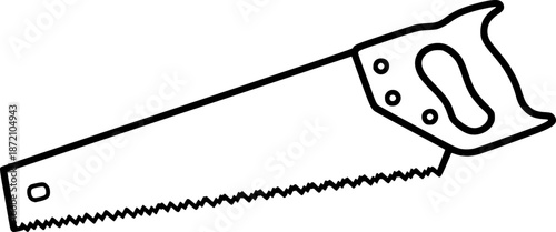 Hand Saw Drawing – Black and White Vector Illustration, Manual Cutting Tool, Toothed Blade, Woodworking, Carpentry, Outline Sketch, Line Art, Editable Vector Design.