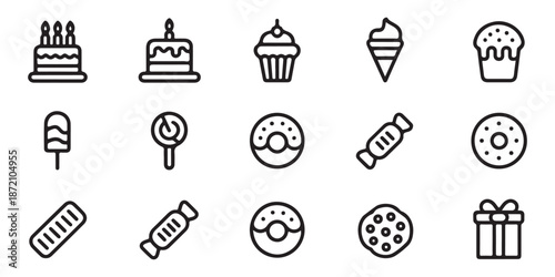 Bakery dessert line icons set birthday cake donut ice cream candy lollipop sweet vector graphic