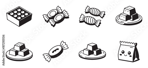 Assorted sweet candy and chocolate treats icons in black and white for dessert and gift concepts