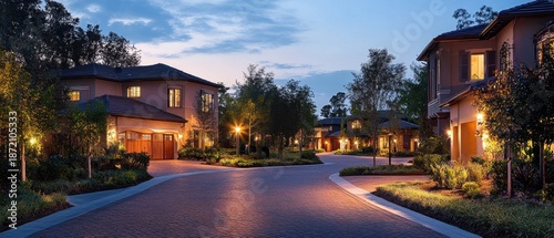 Luxury residential cul-de-sac with brick paved roads at dusk