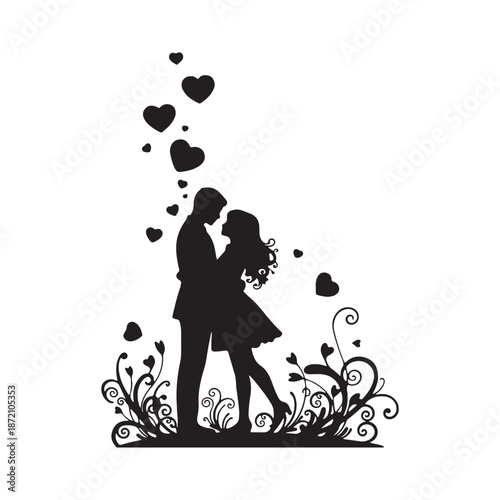 Romantic silhouette of a loving couple embracing surrounded by floating hearts and elegant foliage. Valentine silhouette vector.