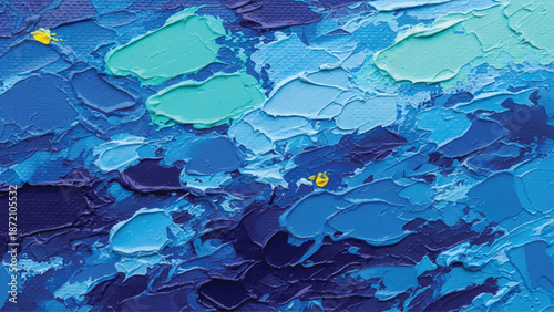 Abstract painting featuring textured brushstrokes of varying shades of blue and a touch of yellow